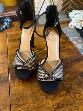 INC International Concepts Black Crystal Mesh Open-Toe Block Heels
